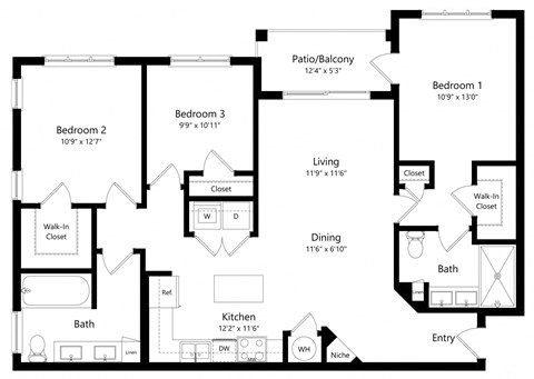 Floor plan for 3 beds, 2 baths, 1358 sqft
